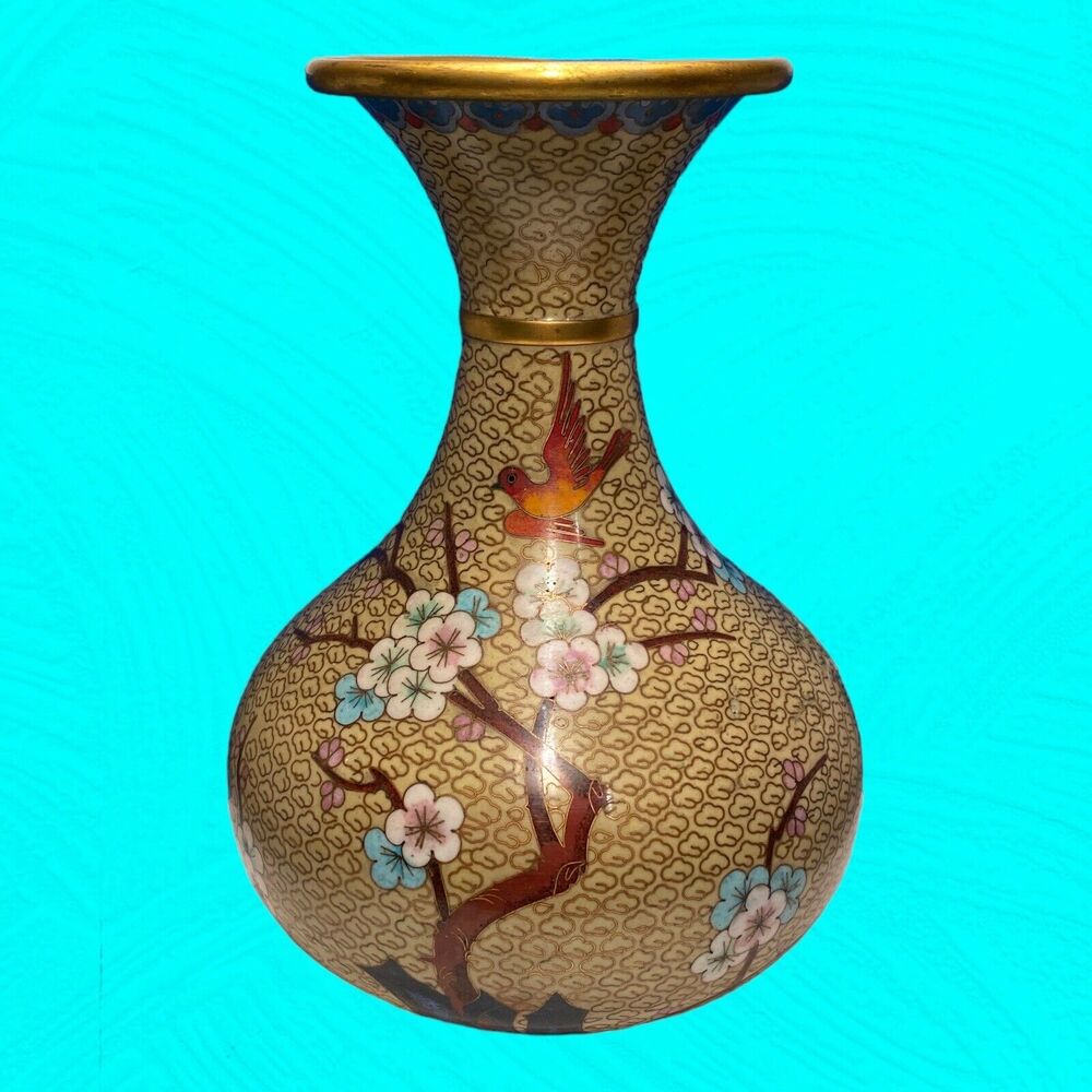 Vintage Asian Cloisonne Vase Bottle Bird Cherry Blossoms 9" Tall READ